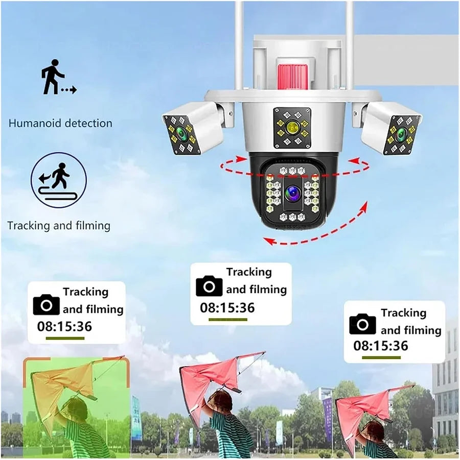 Caméra de surveillance intelligente rotative à trois têtes